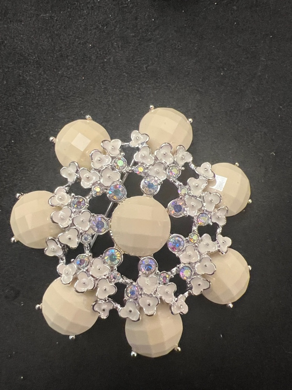Beige Floral Crystal Statement Brooch